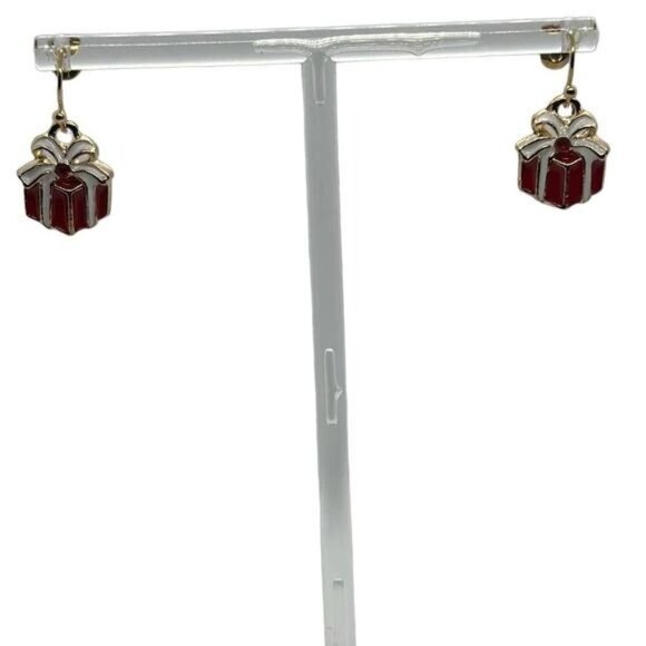 Vintage Red & Gold Gift Box Dangle Earrings With White Bow - Picture 1 of 9
